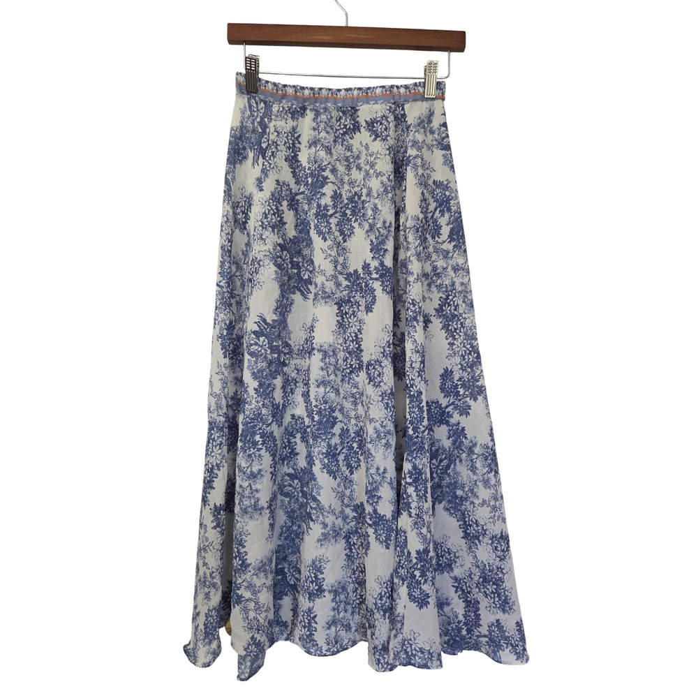Max Studio Midi Skirt Textured Crepe Elastic Waist Women Small Blue Floral NWOT